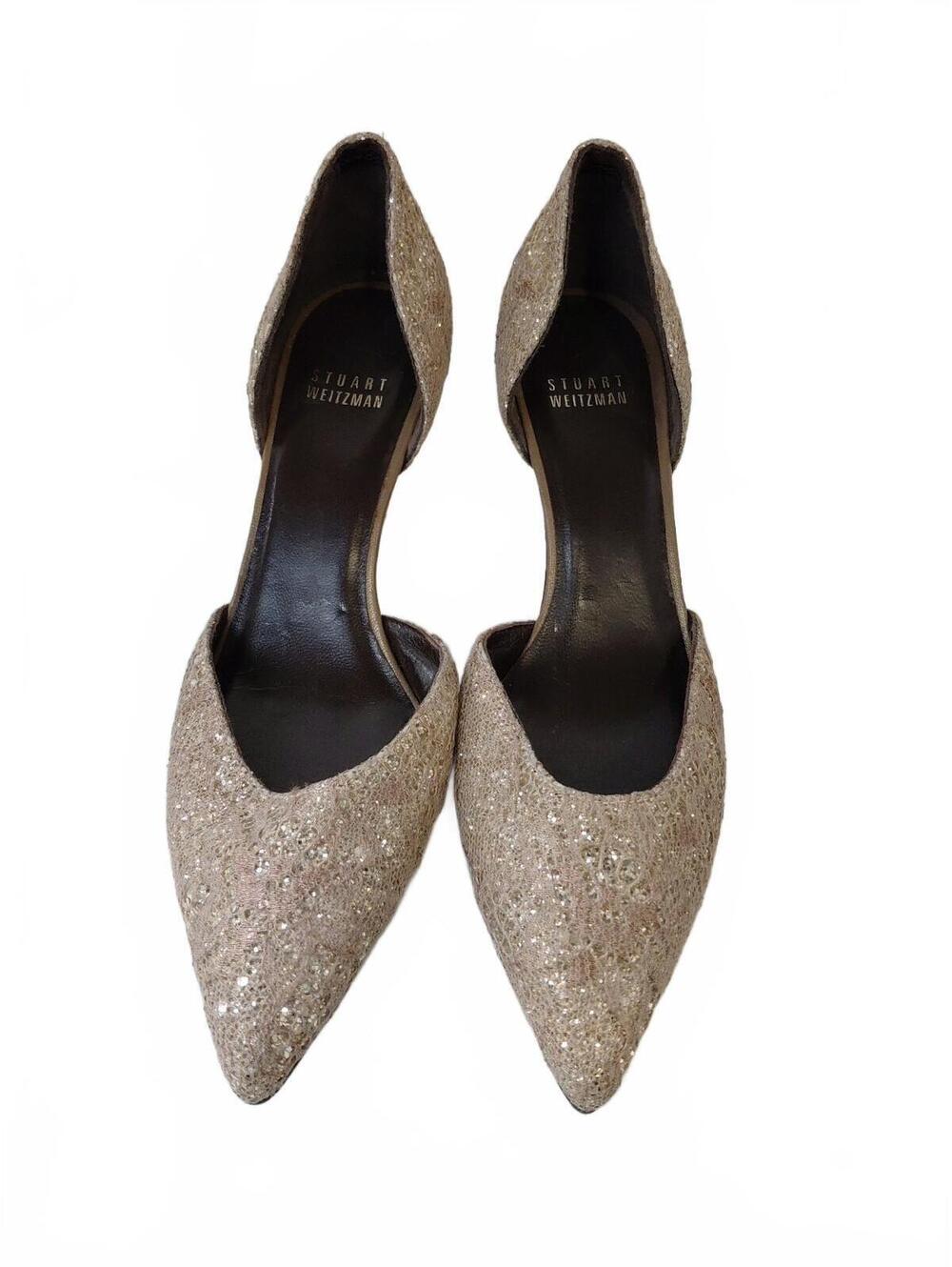 Stuart Weitzman Womens Gold Glitter Pointed Toe D'Orsay High Heel Pumps